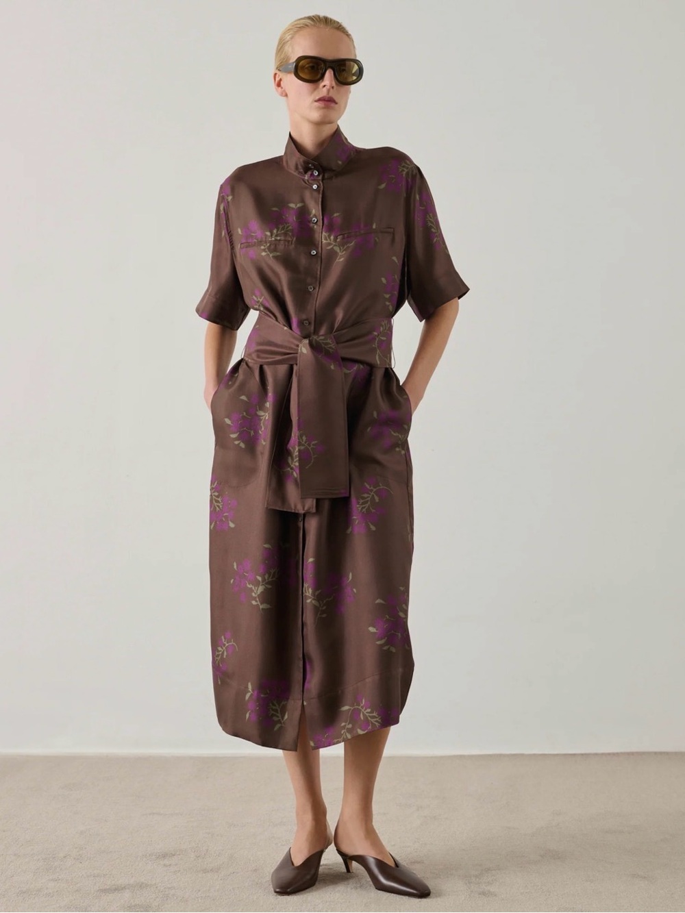 NWT SOEUR WITTY SILK TWILL Button Down DRESS size 2 brown purple